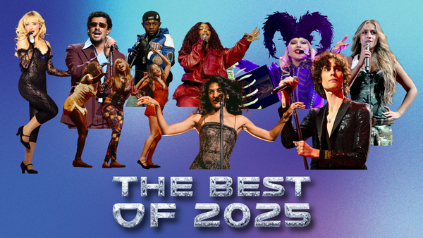 A handful of musical artists on top of diamond-styled text spelling "The Best of 2025".